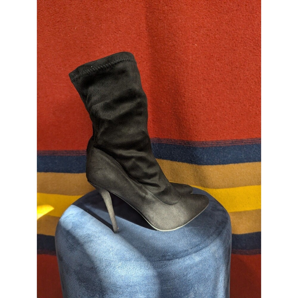 Spike Heel Sock Boot Women's Black Faux Suede Mid-Calf US 7.5 Sexy High (Z05)